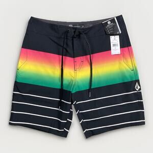 Volcom Board Shorts Men 31 Striped Mod Tech Quarta Fade Pockets Drawstring Swim